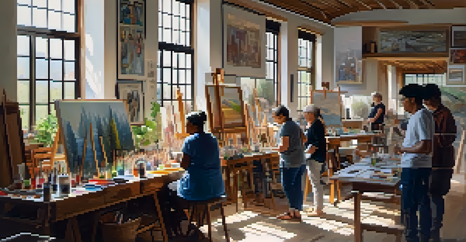An international artist conducting a workshop with local residents, surrounded by art supplies and colorful artworks, with natural light enhancing the atmosphere.