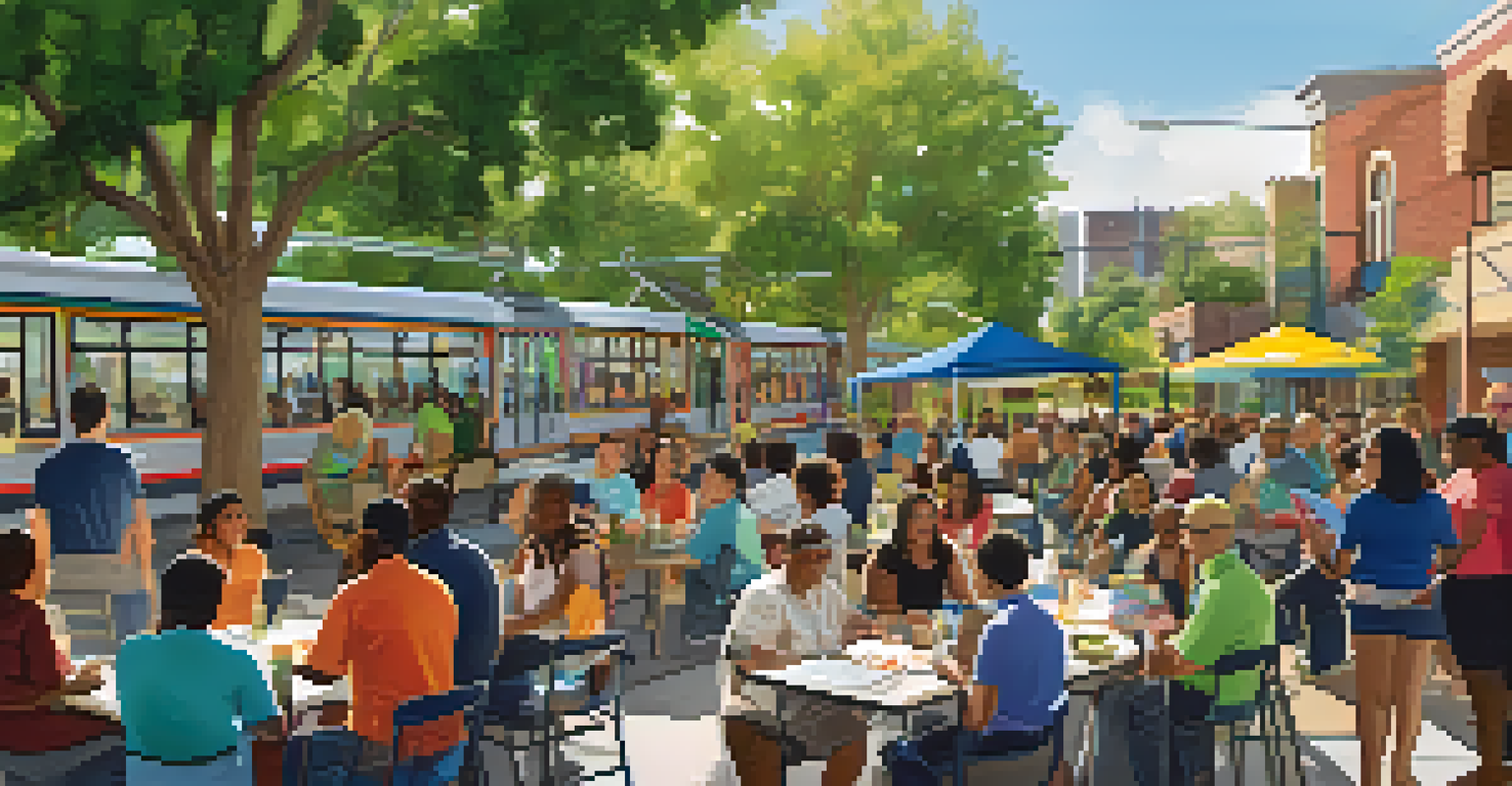 Residents in Austin discussing light rail expansion plans at a community engagement event, surrounded by maps and a colorful mural.