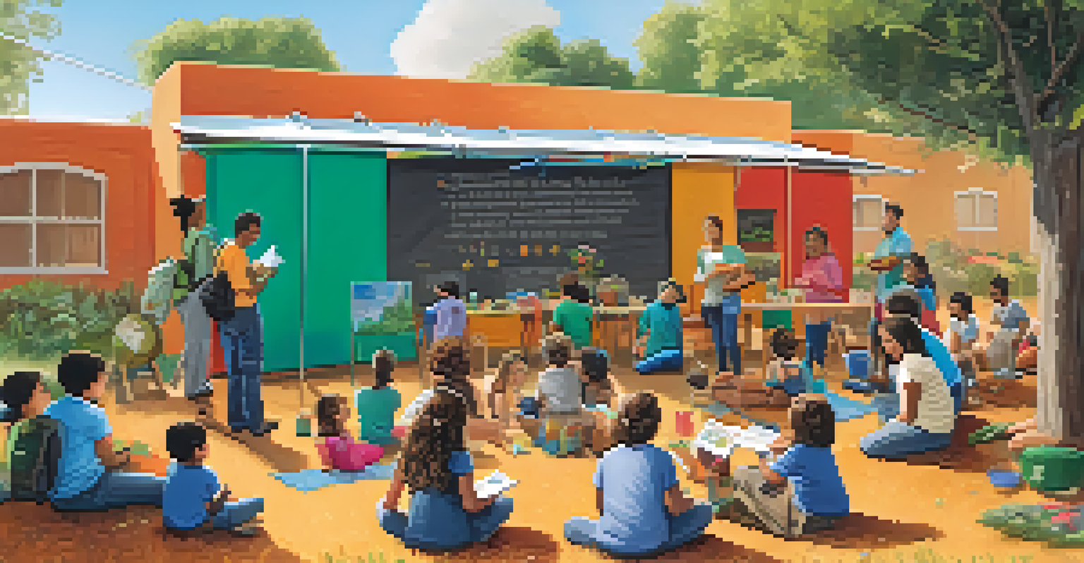 Families participating in an outdoor educational workshop about sustainability, with colorful materials and posters.