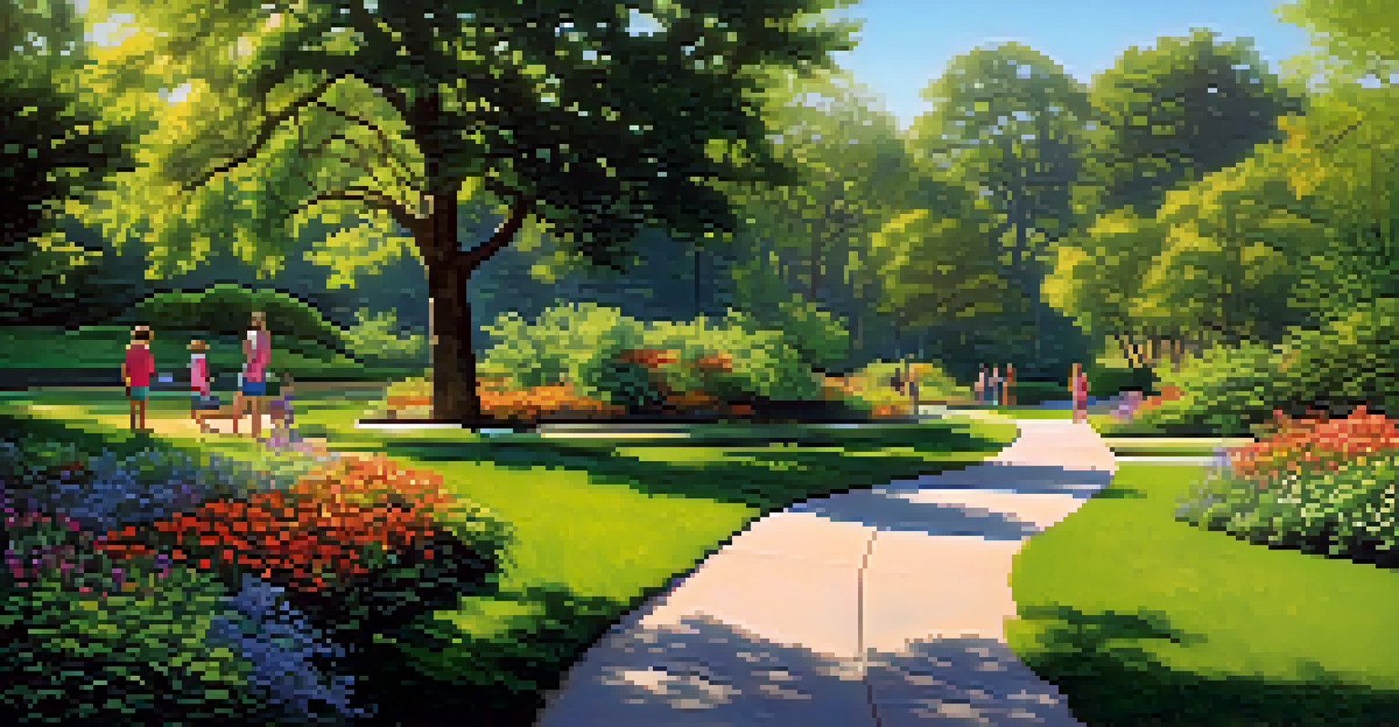 A public park showcasing native plants, with families enjoying the space under dappled sunlight.