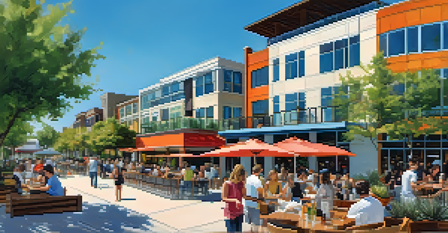 A busy mixed-use development at the Domain, Austin, featuring modern buildings, shoppers, diners, and vibrant landscaping under a clear blue sky.
