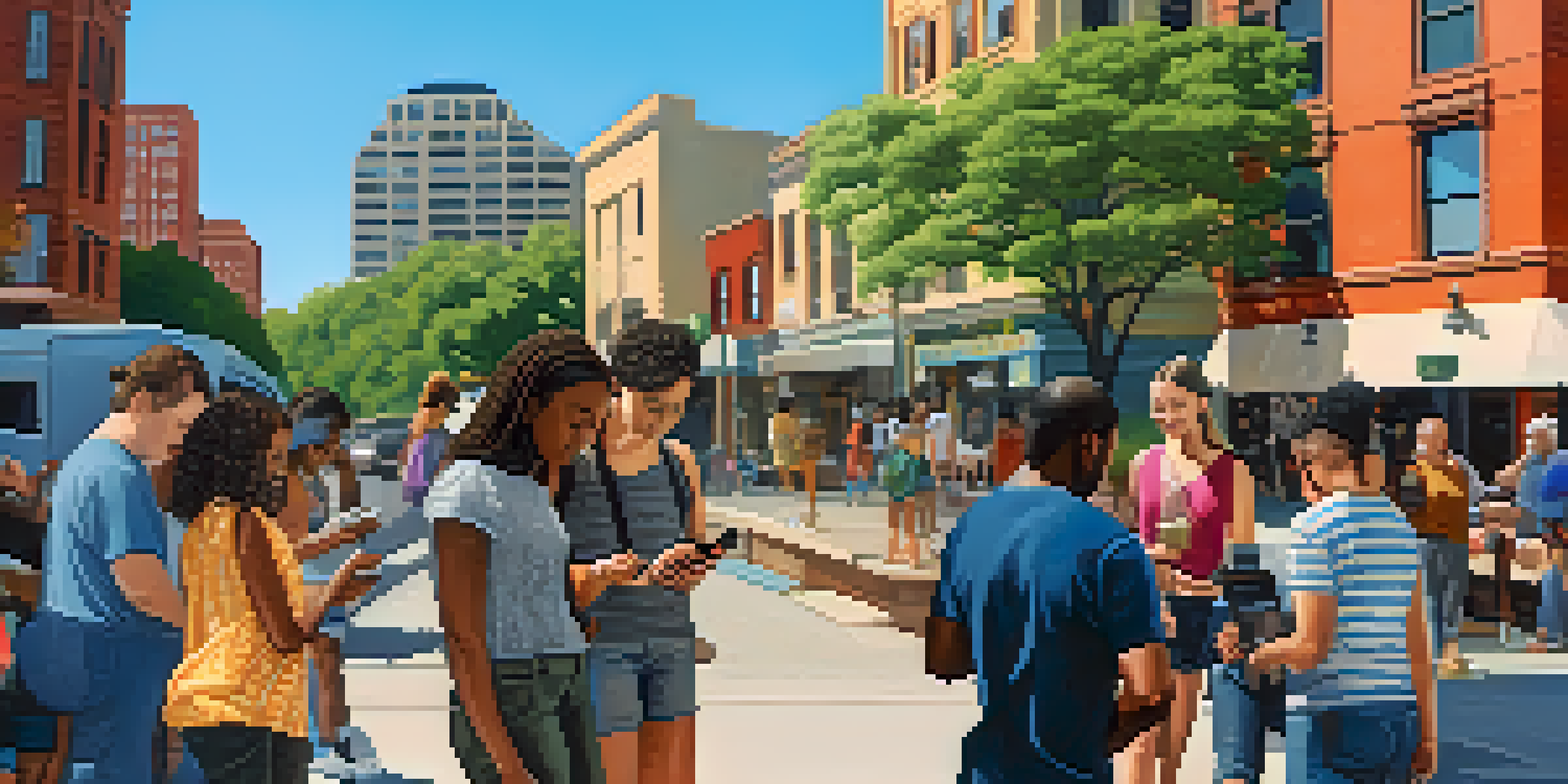 A diverse group of people in Austin using mobile devices to engage with civic technology, set against an urban backdrop.