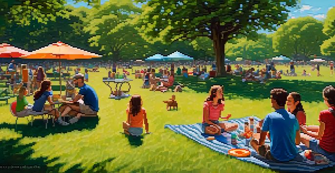 Families enjoying a picnic in Zilker Park with children playing and friends laughing under a clear blue sky.