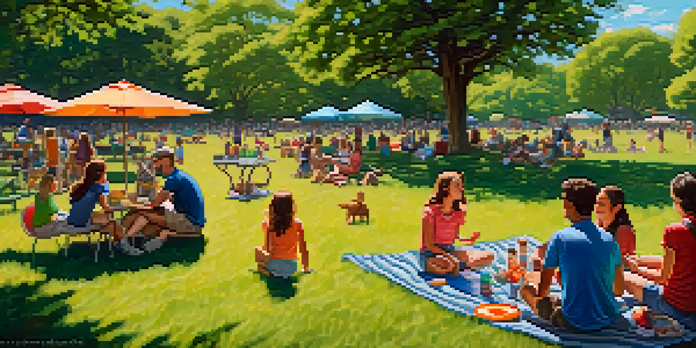 Families enjoying a picnic in Zilker Park with children playing and friends laughing under a clear blue sky.
