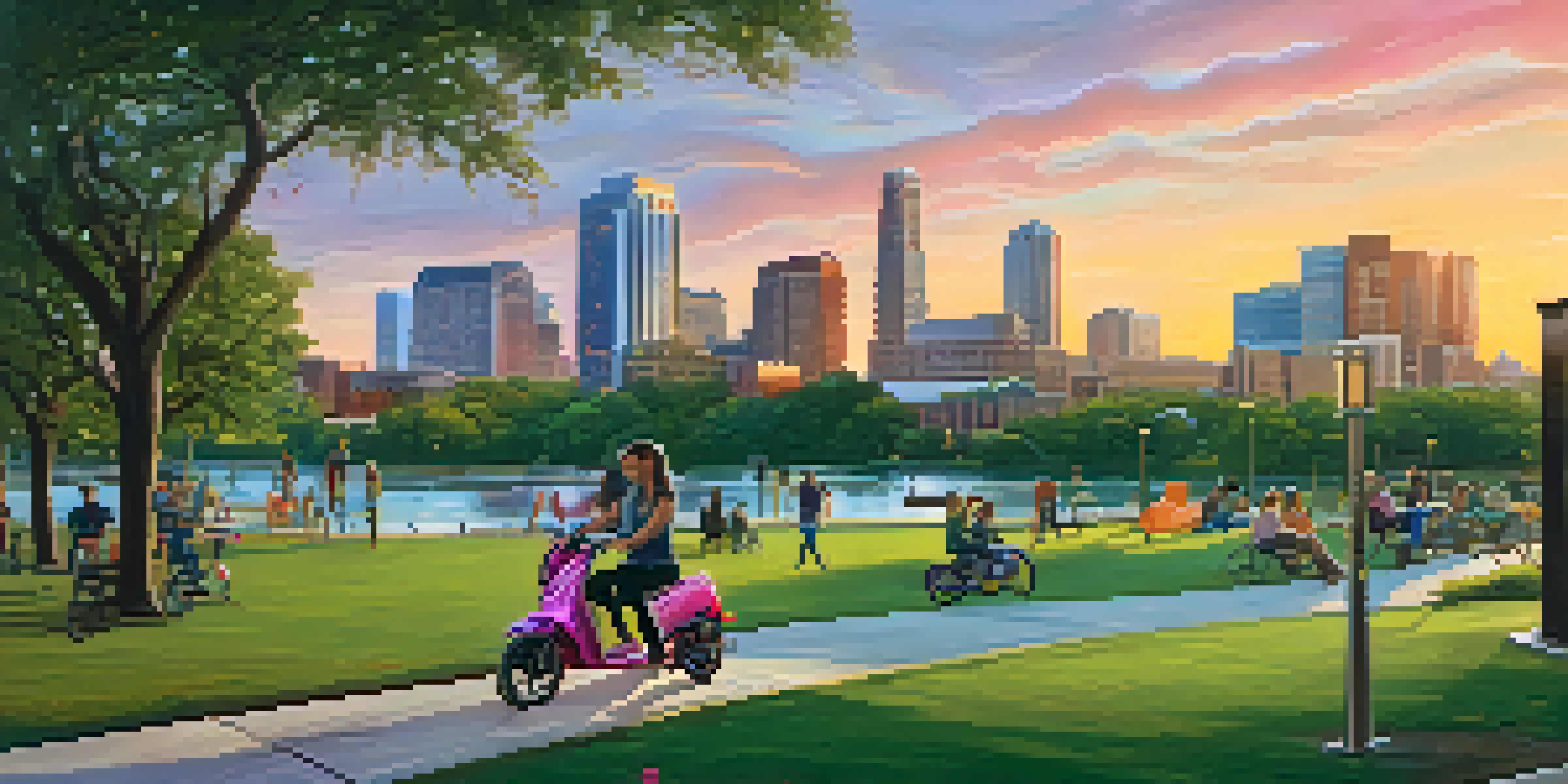 A sunset view of downtown Austin, Texas, featuring modern skyscrapers, historic buildings, and lush parks filled with people.