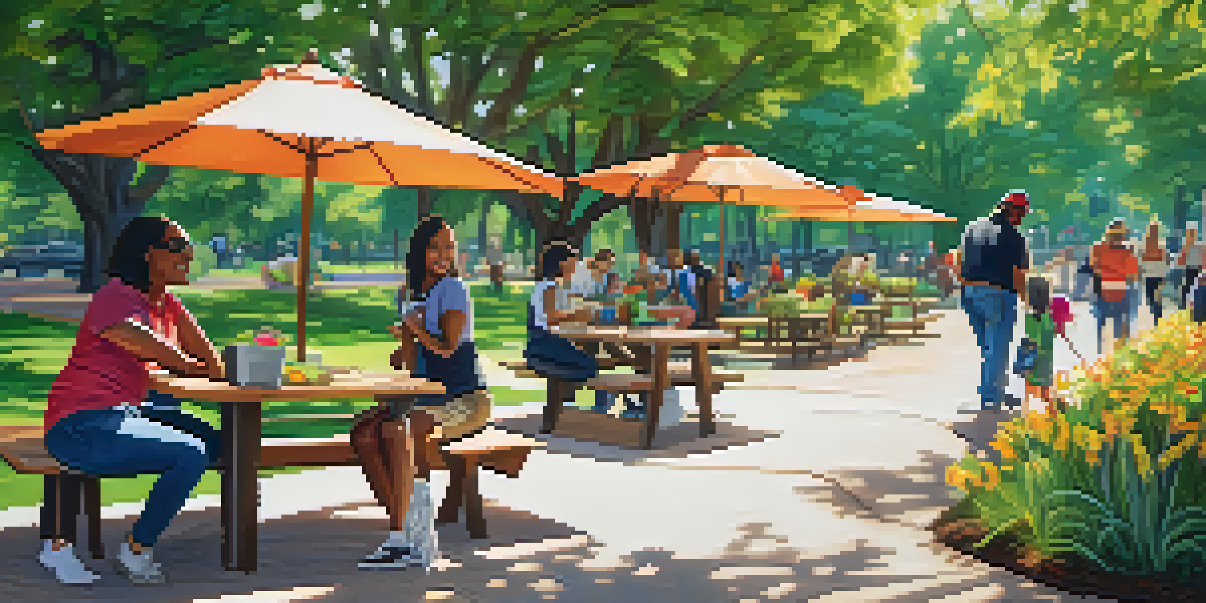 A diverse group of people participating in eco-friendly activities in a sunny urban park, surrounded by greenery and flowers.