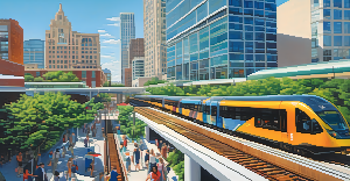 A modern light rail train in Austin, with commuters at a sleek station surrounded by greenery and contemporary buildings on a sunny day.