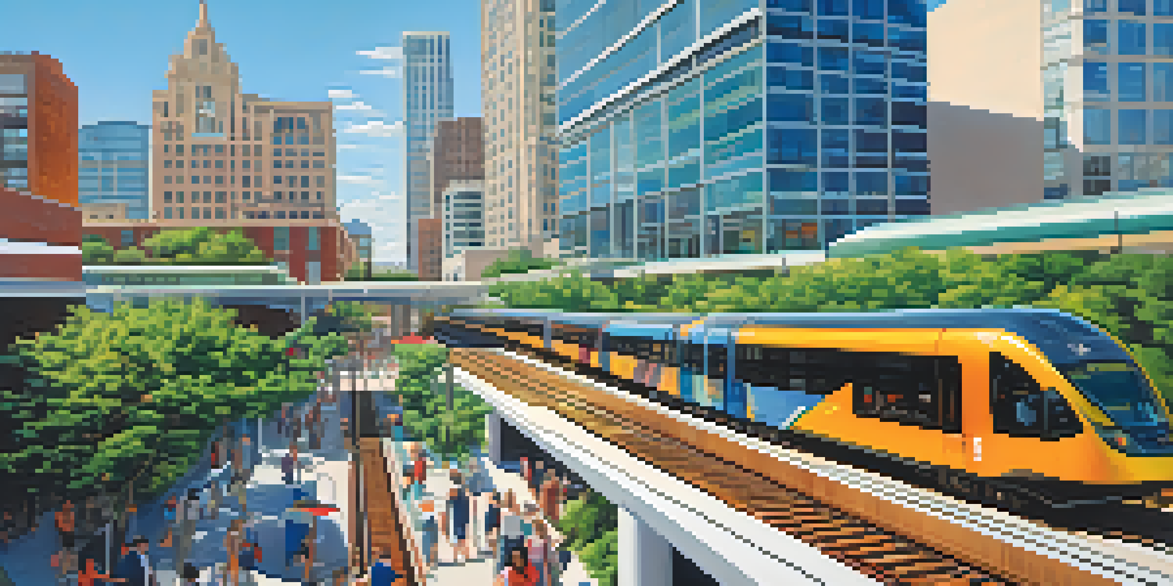 A modern light rail train in Austin, with commuters at a sleek station surrounded by greenery and contemporary buildings on a sunny day.