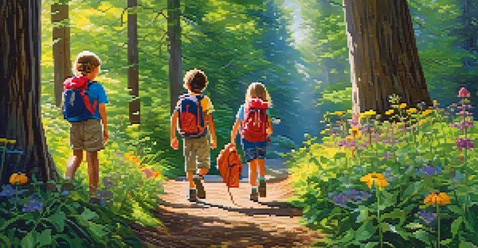 Children hiking in a sunny forest, surrounded by green trees and colorful flowers.