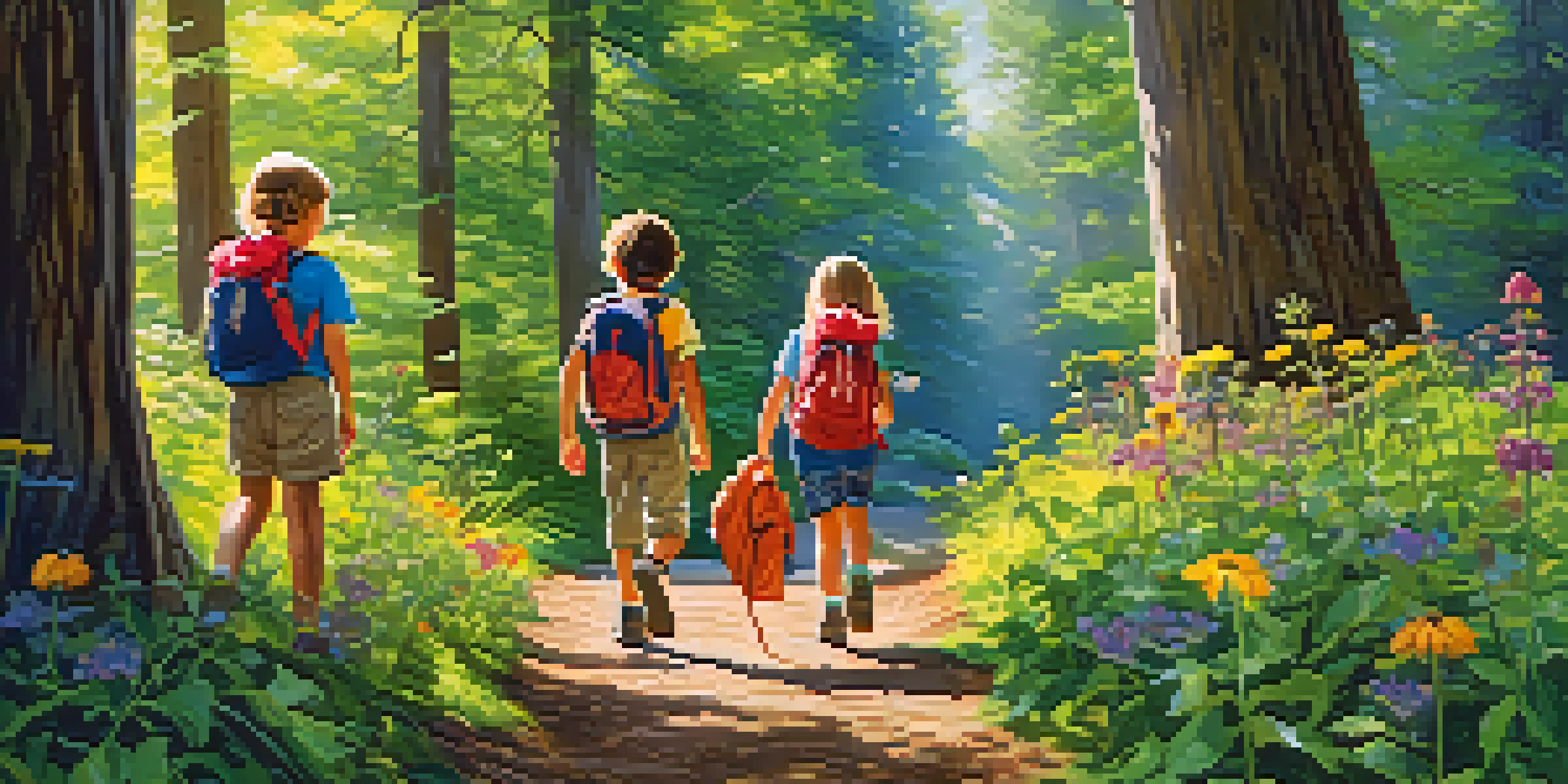 Children hiking in a sunny forest, surrounded by green trees and colorful flowers.