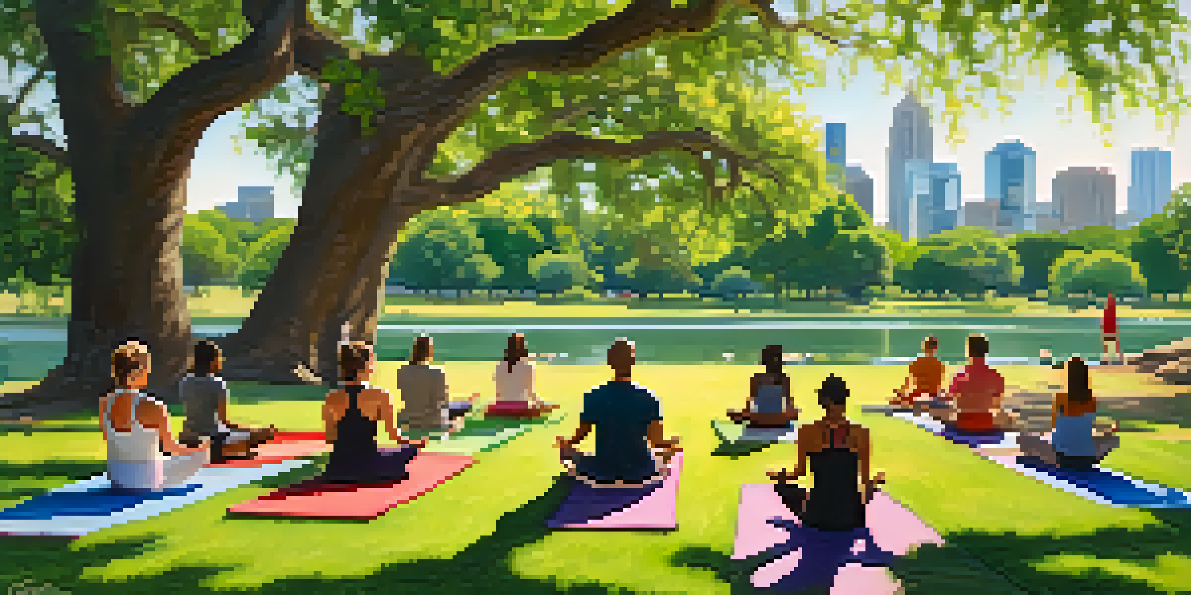 A diverse group of yogis practicing yoga on colorful mats under a large oak tree in Zilker Park, with the Austin skyline in the background.