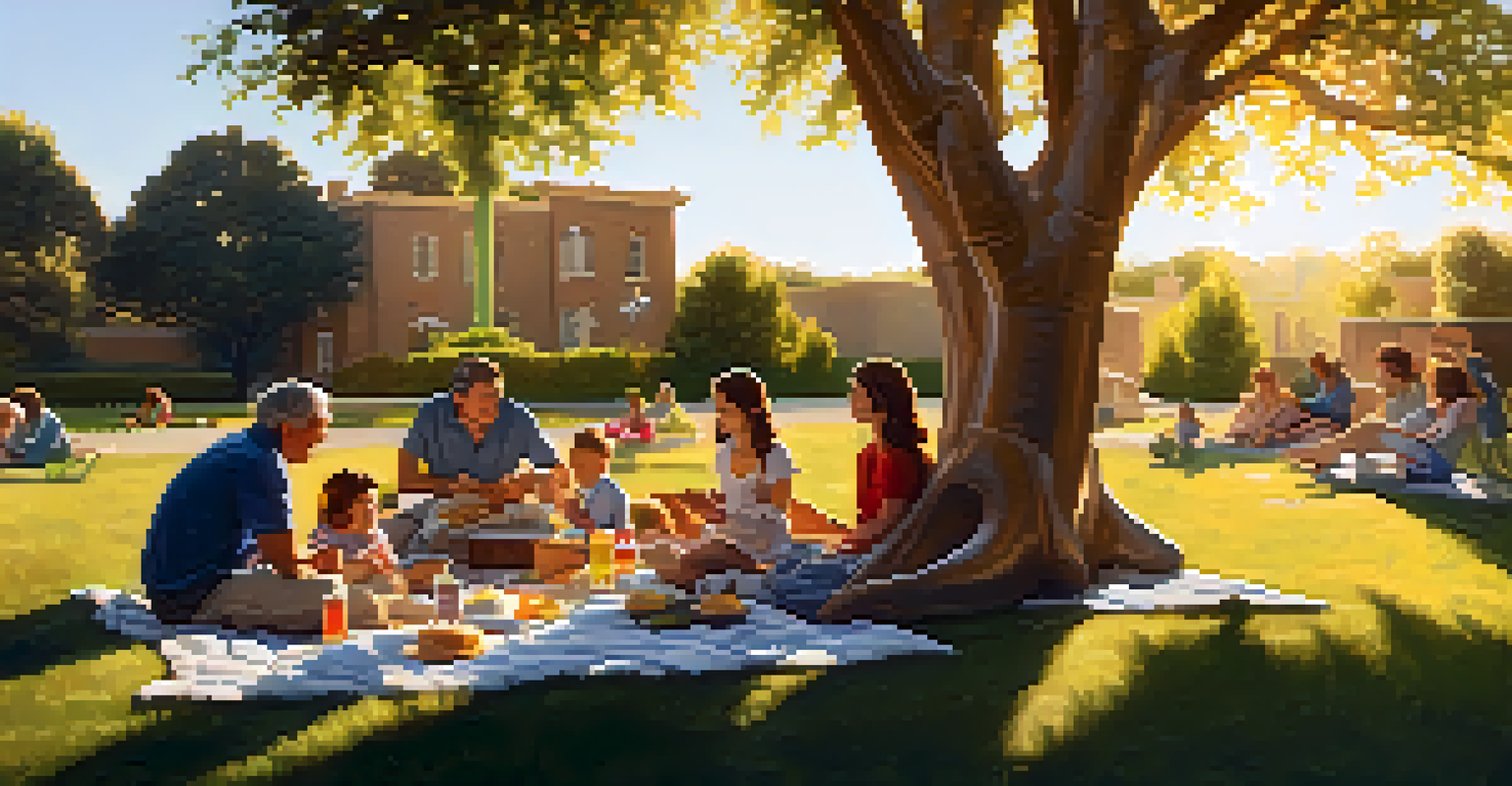 A family enjoying a picnic in a sculpture garden at sunset, surrounded by beautiful sculptures and a warm golden light.