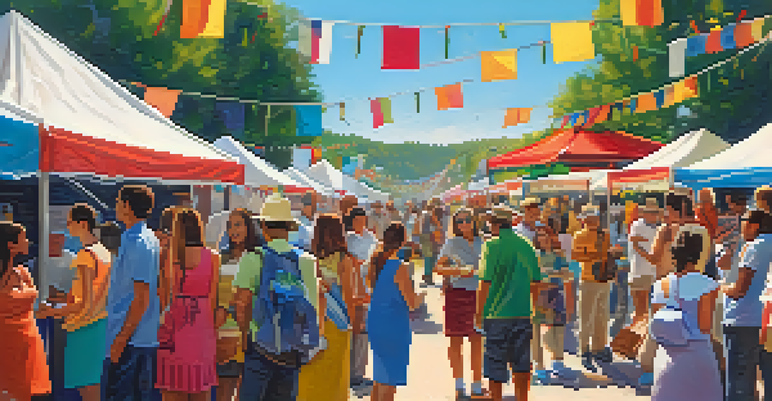 Local artists displaying their work at a vibrant festival marketplace with attendees engaging with them.