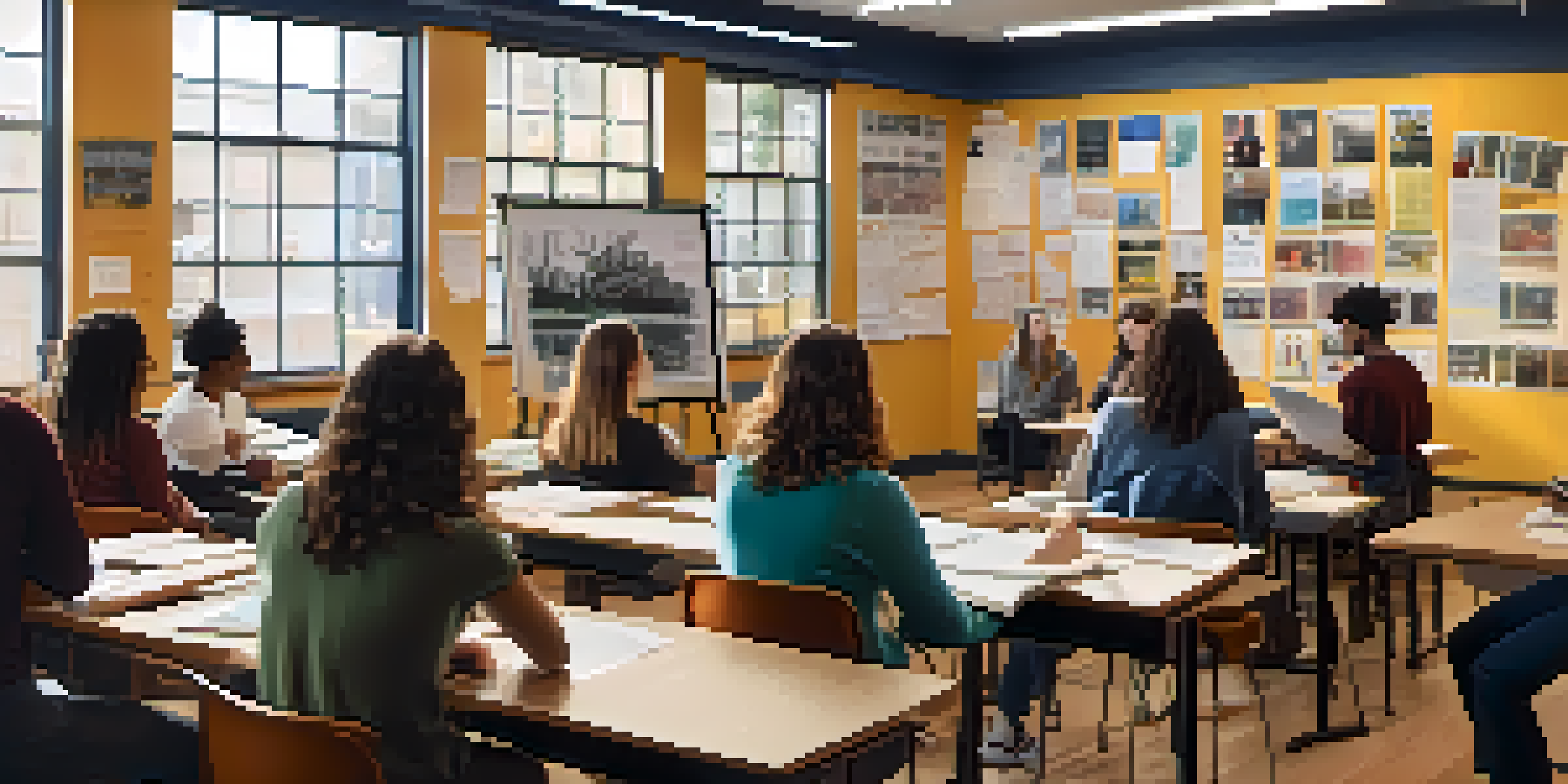 A diverse group of students in a film school classroom engaged in a screenwriting workshop, with film posters on the walls and sunlight coming through large windows.