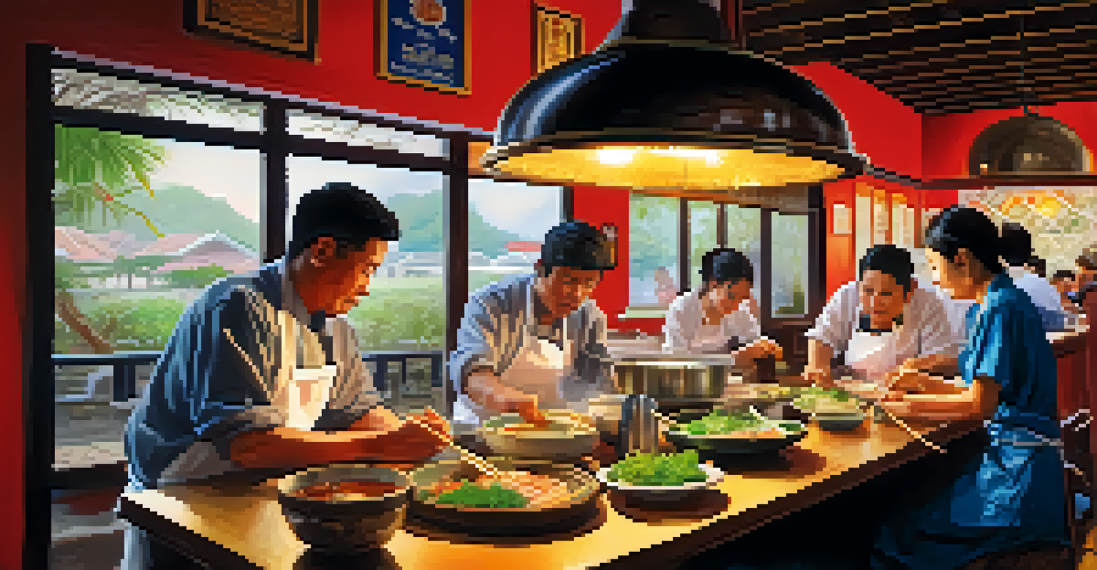 A chef teaching a cooking class in a Vietnamese restaurant, with vibrant ingredients and warm lighting creating an inviting atmosphere.