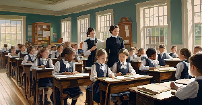 Annie Webb Blanton teaching a classroom of young students in 19th-century Texas, surrounded by wooden desks and educational materials, with natural light streaming in.