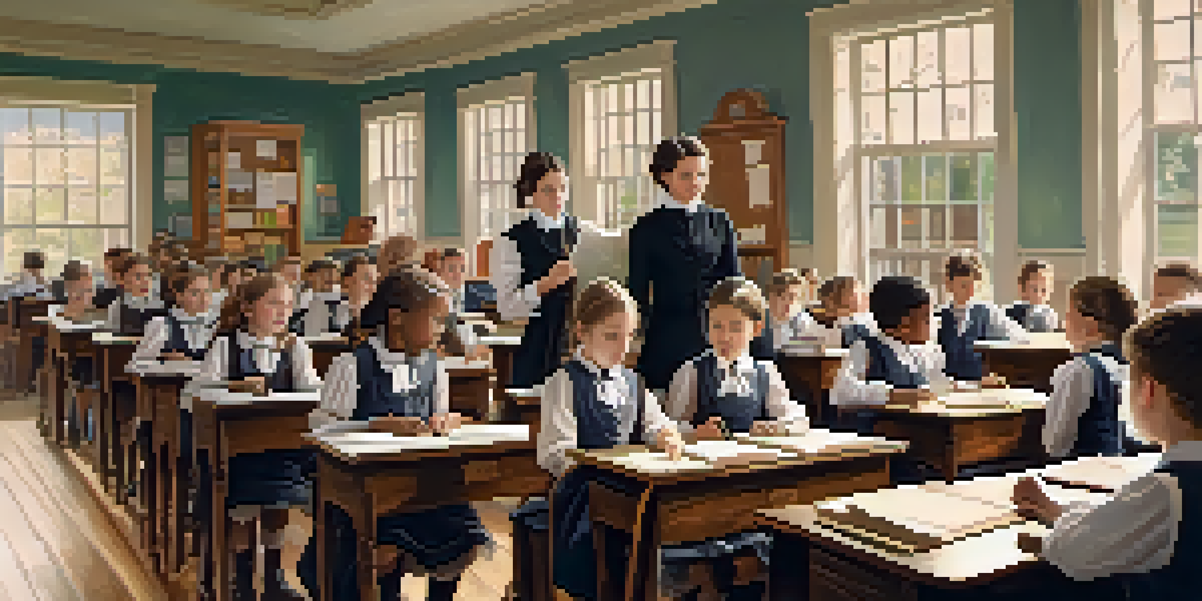 Annie Webb Blanton teaching a classroom of young students in 19th-century Texas, surrounded by wooden desks and educational materials, with natural light streaming in.