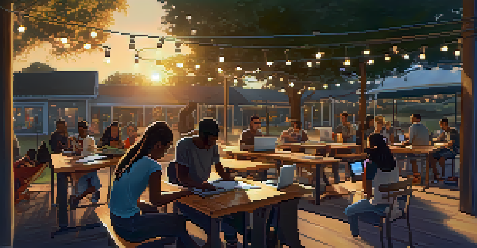 A diverse group of students participating in an outdoor coding workshop at sunset, surrounded by picnic tables and whiteboards.