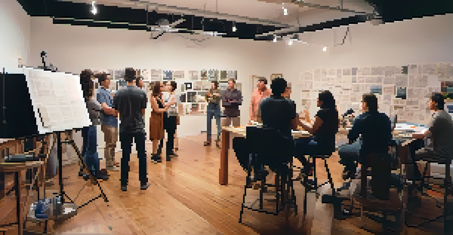 A cozy film workshop in Austin with aspiring filmmakers discussing ideas, surrounded by film equipment and soft lighting.
