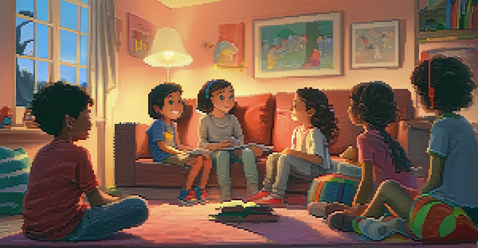 Children sitting in a cozy living room, engrossed in a storytelling podcast, with colorful cushions and books around them.