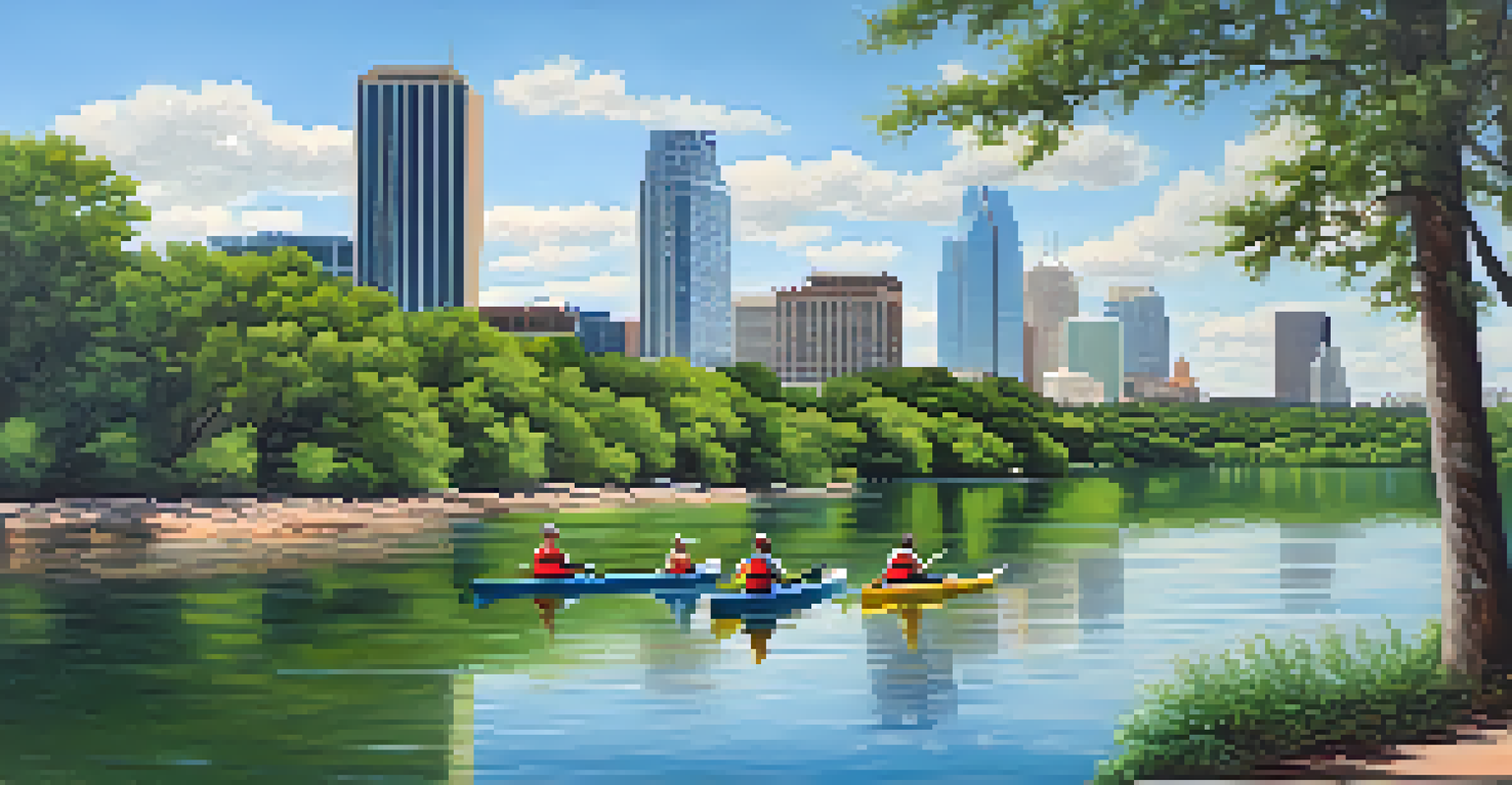 A view of Lady Bird Lake with kayakers and the downtown Austin skyline in the background.