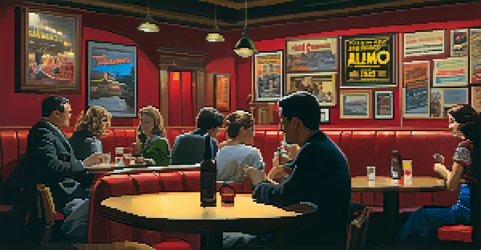 The interior of Alamo Drafthouse Cinema, showcasing patrons enjoying a film with food and drinks in a cozy setting.