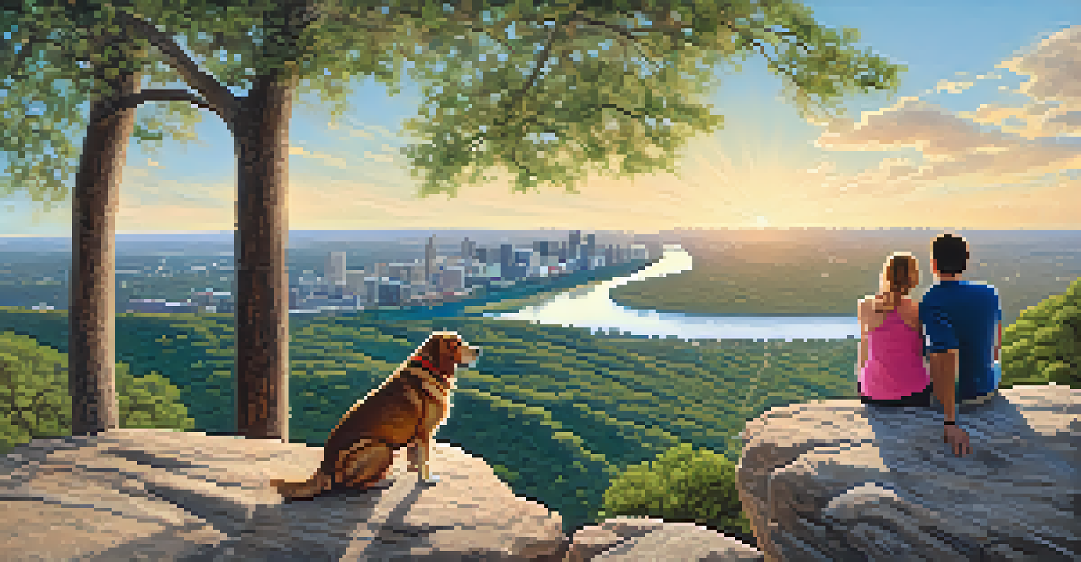 A picturesque view from Mount Bonnell with a dog and owner sharing a snack, overlooking the Colorado River and Austin's skyline.