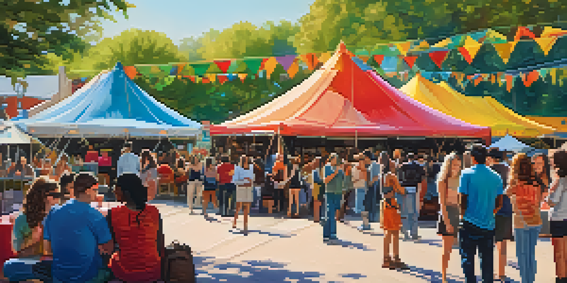 A lively film festival scene in Austin with diverse attendees, colorful tents, and a large screen showing a film.