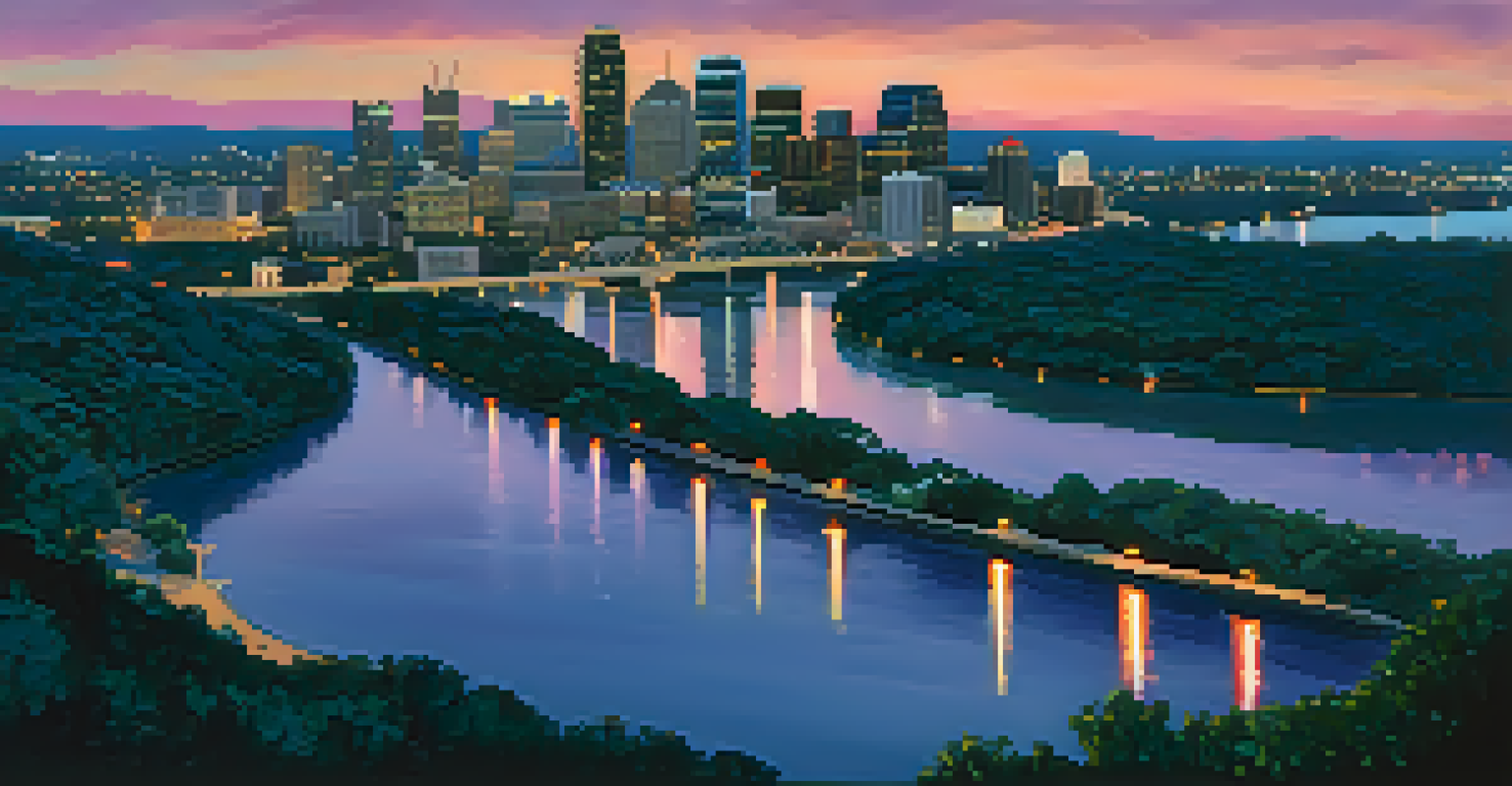 A twilight view from Mount Bonnell featuring the Austin skyline, with a colorful sky and city lights reflecting on the water.