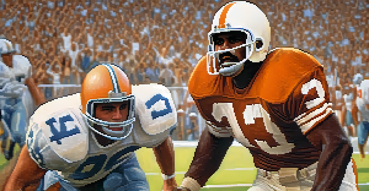 A portrait of legendary Texas Longhorns player Earl Campbell in action during a football game.