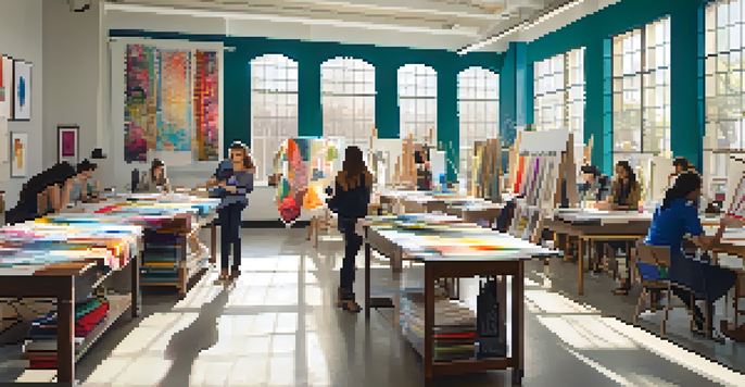 A colorful fashion classroom with students engaged in design work, illuminated by sunlight from large windows.