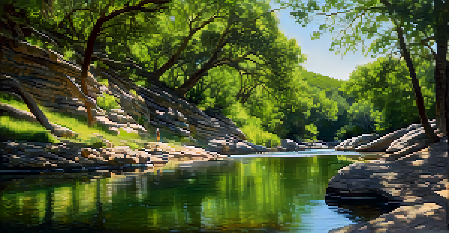 A beautiful landscape of Barton Creek Greenbelt with a winding creek and lush vegetation, sunlight filtering through the trees, and a hiker in the background.