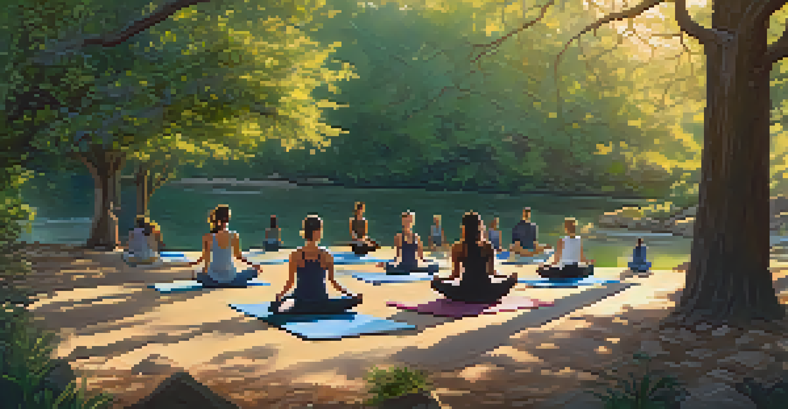 Participants practicing yoga at Barton Creek Greenbelt during sunrise, surrounded by trees and a peaceful atmosphere.