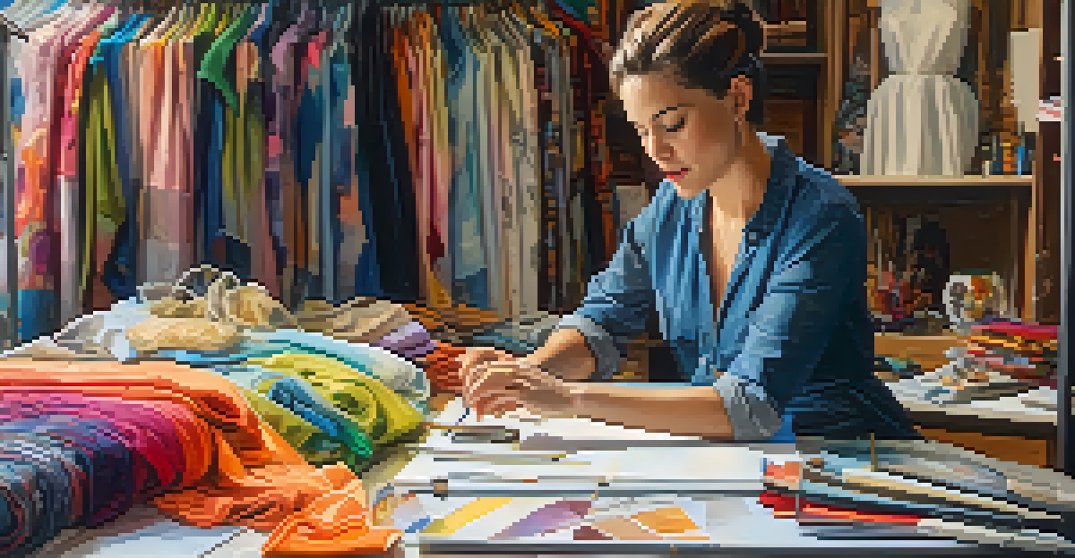 A costume designer adjusting a costume on a mannequin in a vibrant workspace filled with fabrics and sketches.