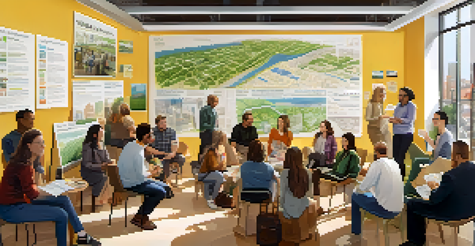 A community meeting with diverse residents discussing sustainable transportation in a bright space filled with eco-friendly posters.