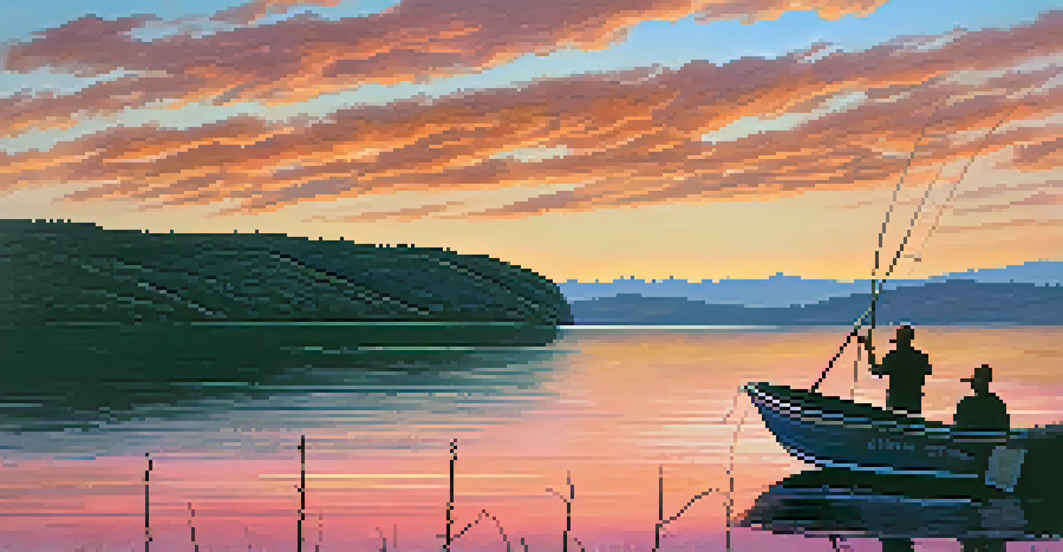 A fishing boat at Lake Travis during a colorful sunset, with fishermen silhouetted against vibrant skies.