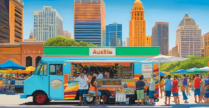 A lively scene of food trucks in Austin with people enjoying various cuisines, set against the skyline.