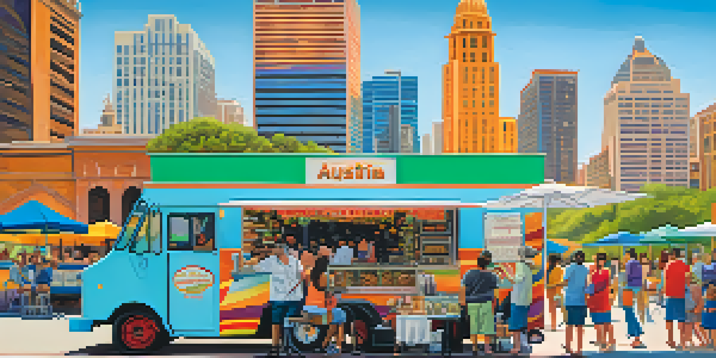 A lively scene of food trucks in Austin with people enjoying various cuisines, set against the skyline.