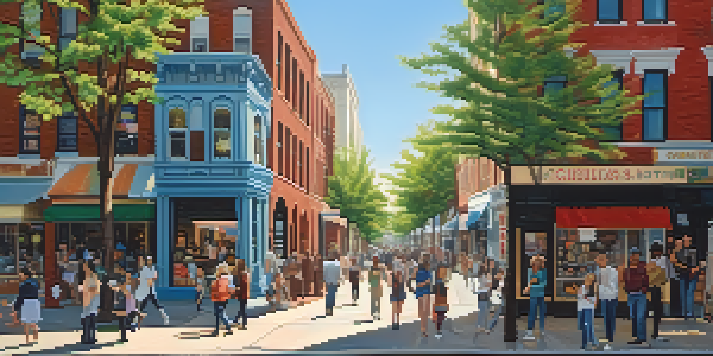 A lively street scene depicting a mix of historic and modern architecture in a gentrifying neighborhood, with people interacting and sunlight filtering through trees.