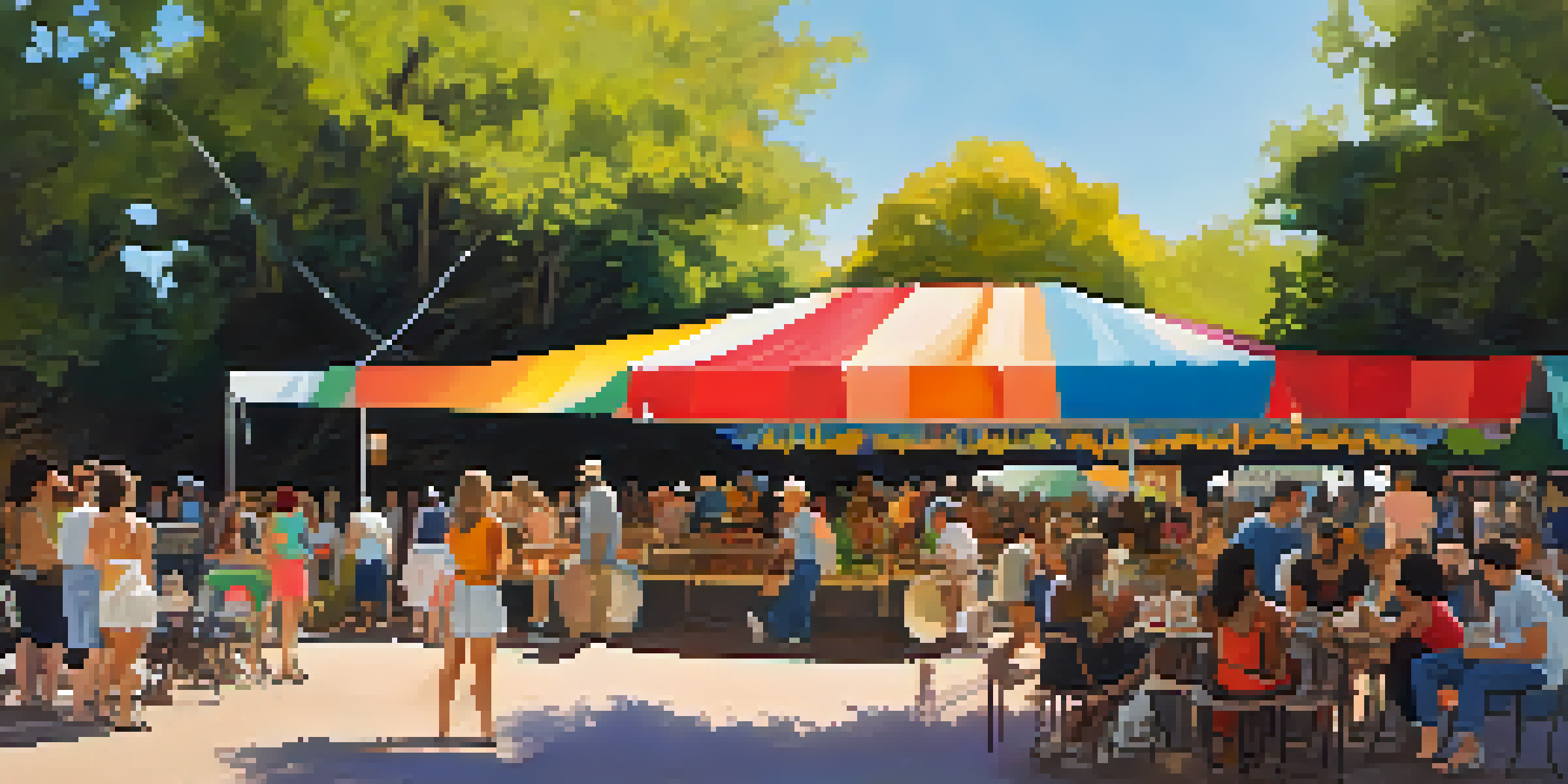 A lively outdoor theater festival in Austin with a diverse crowd, colorful stage, and local vendors under sunlight filtering through trees.