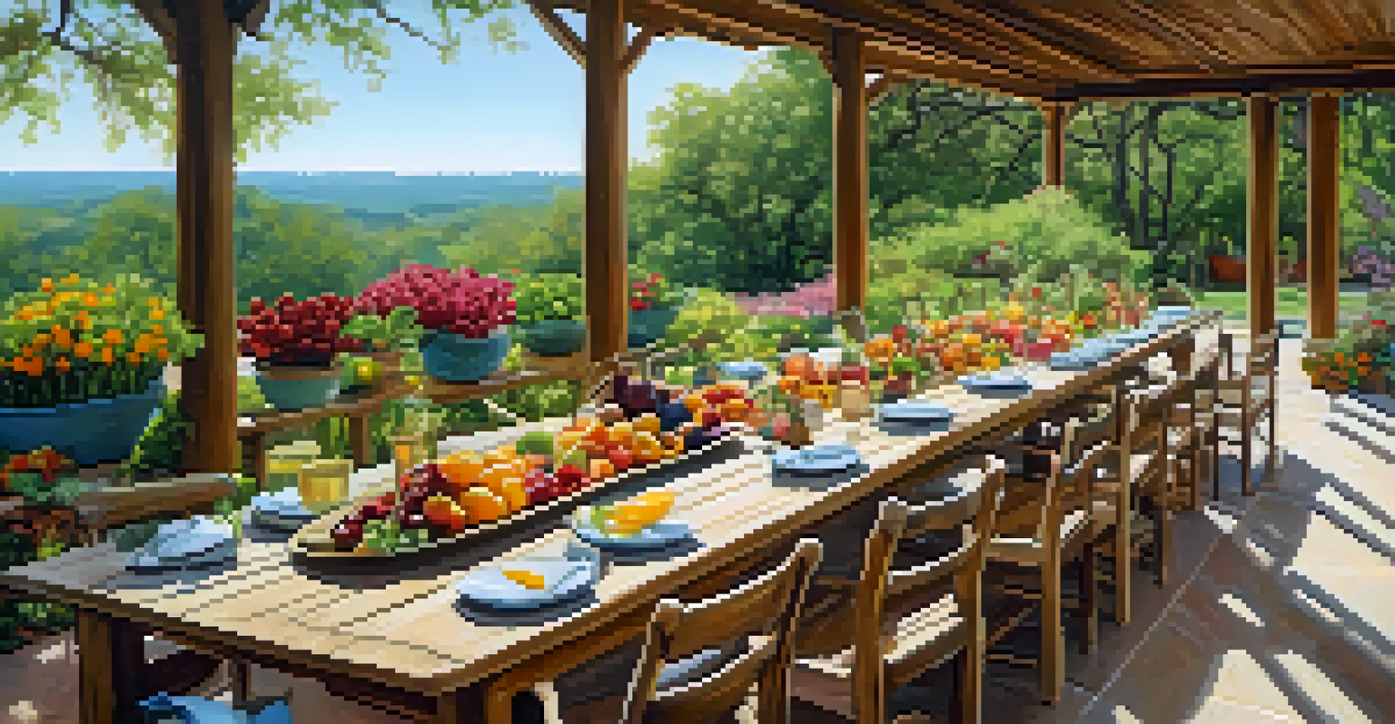 A wooden table set for a healthy meal outdoors at a wellness retreat, surrounded by greenery in Austin.