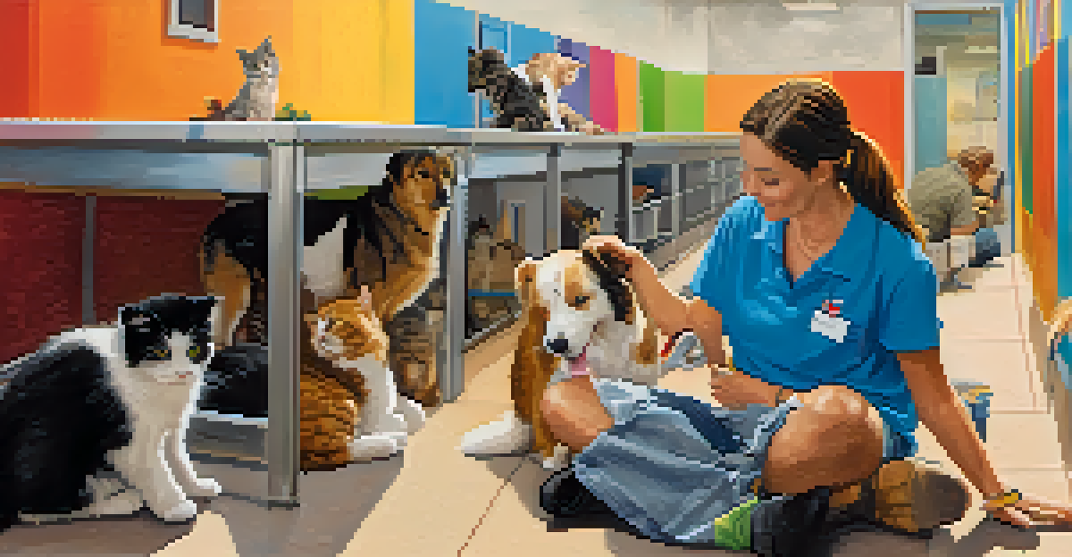 Volunteers at an animal shelter in Austin, one grooming a dog and another playing with a kitten, in a bright and colorful environment.