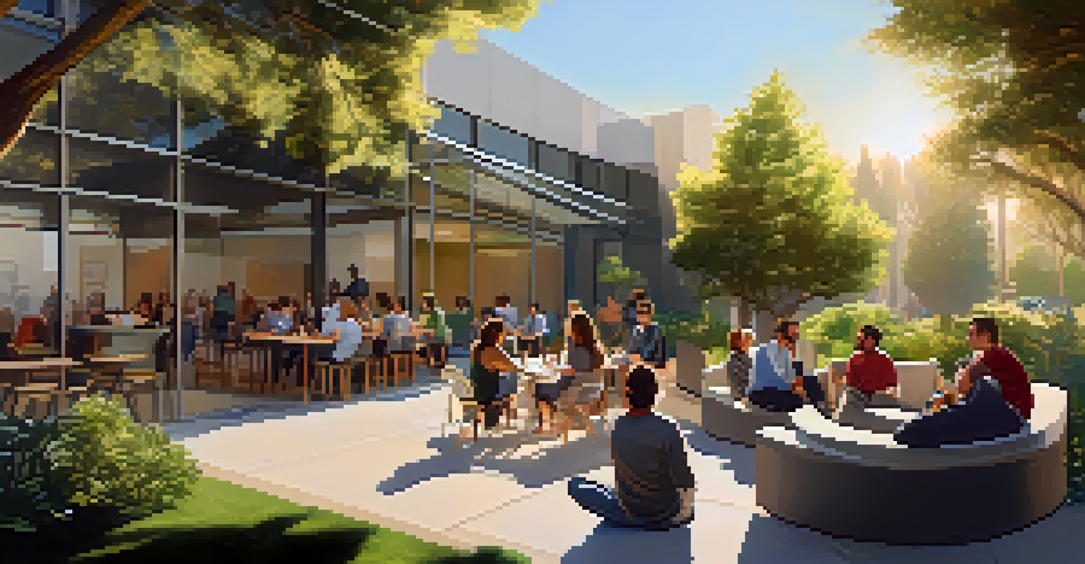 An outdoor tech meetup with professionals discussing in a sunny, green environment.