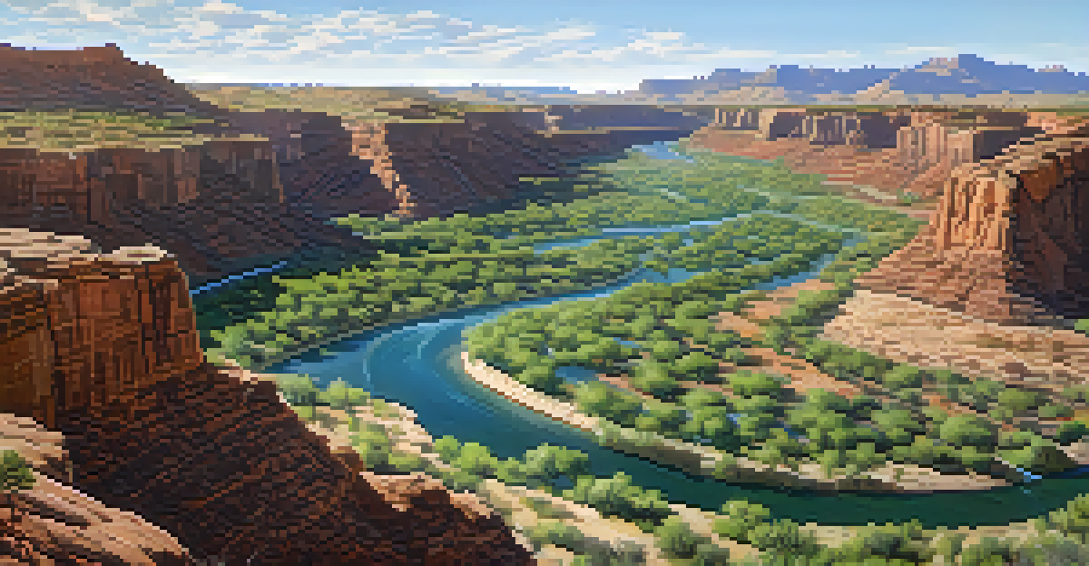 An aerial view of the Colorado River with kayakers and fly fishermen amidst lush greenery and rocky outcrops.