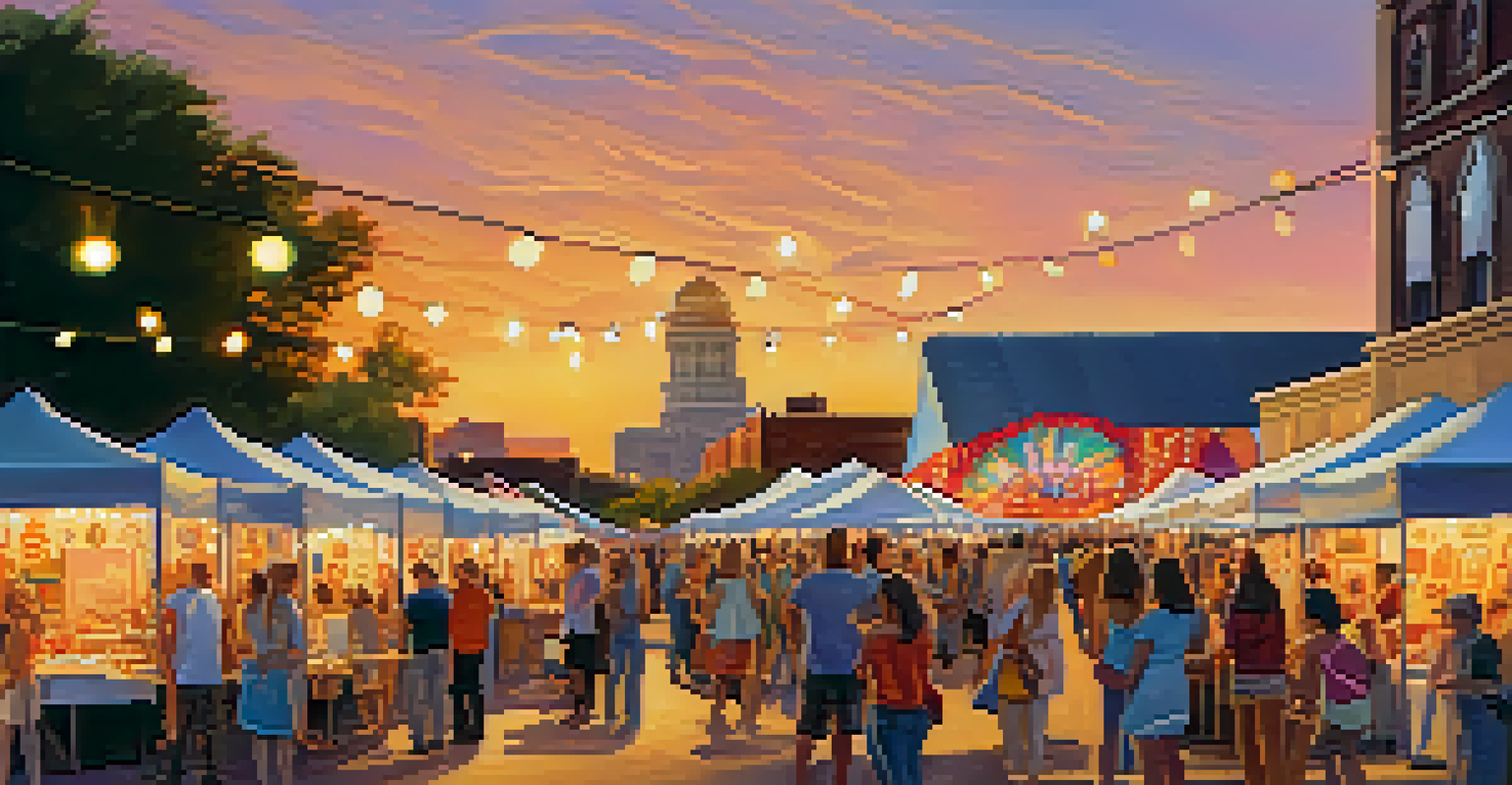 A lively art festival in Austin with local artists displaying their work and a crowd enjoying the atmosphere during sunset.