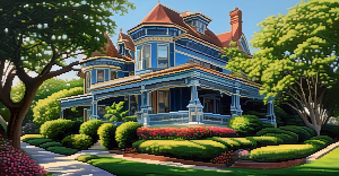 A colorful Victorian home in Austin, surrounded by flowers and greenery under a clear blue sky.