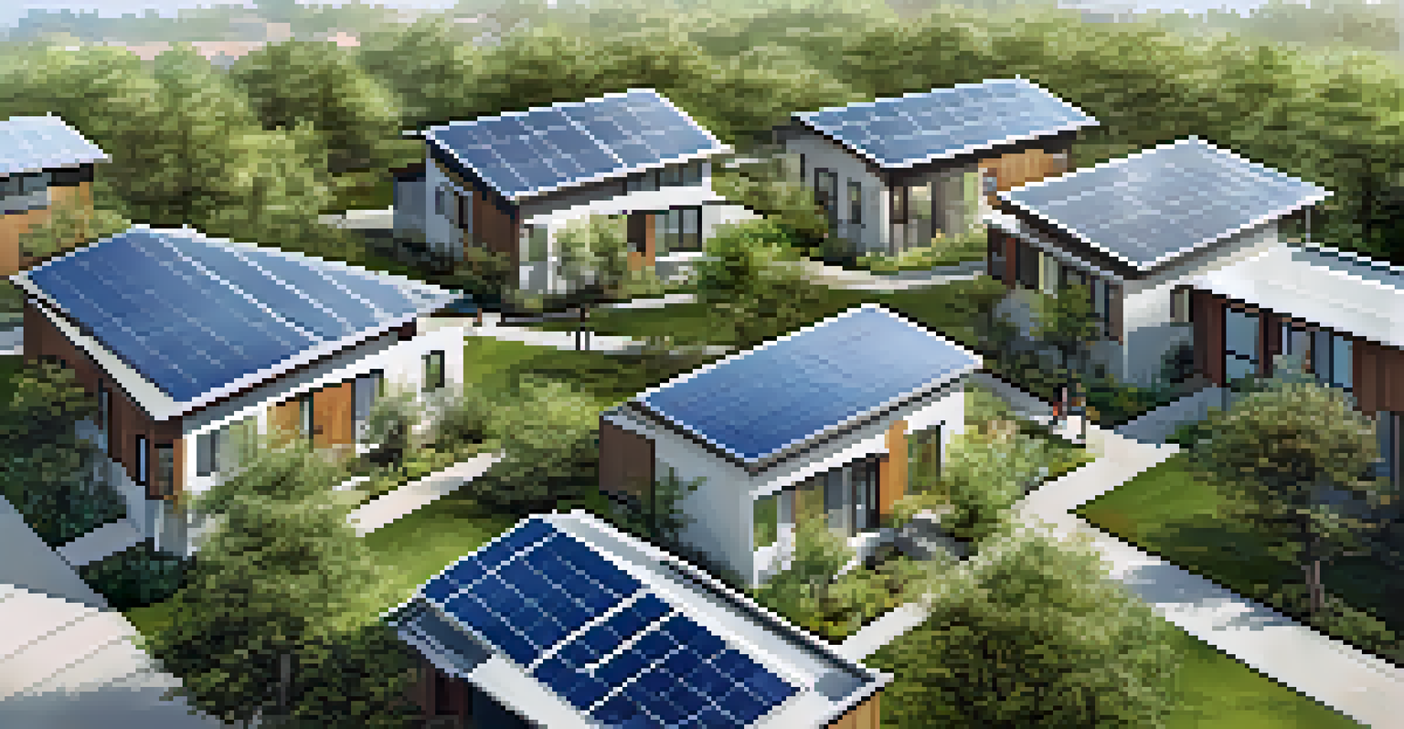 Aerial view of a sustainable housing development in Austin with eco-friendly homes, green roofs, and community spaces under a clear sky.