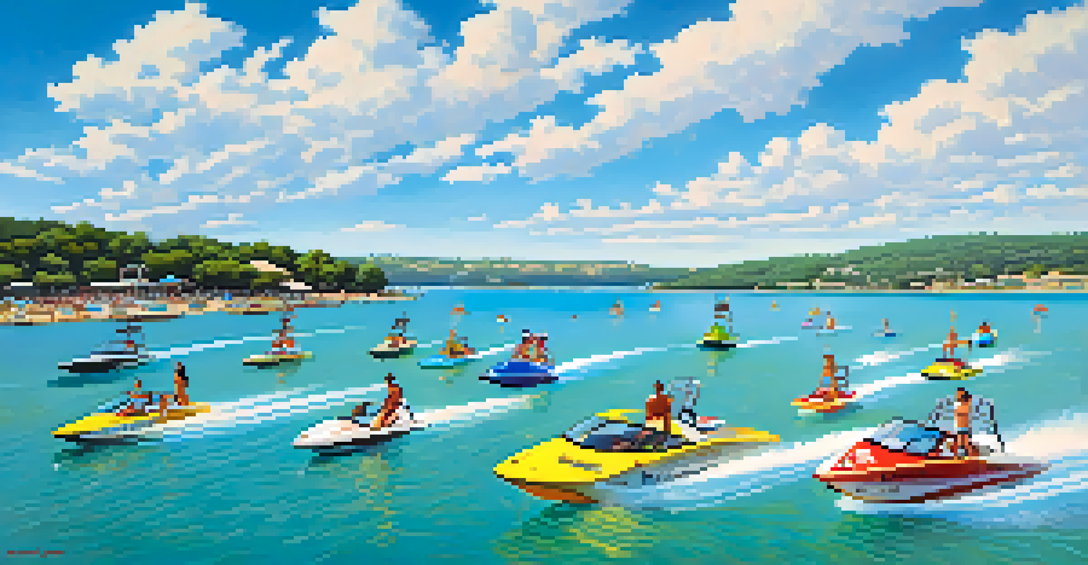 A lively scene at Lake Travis with friends wakeboarding, surrounded by boats and a sunny blue sky.