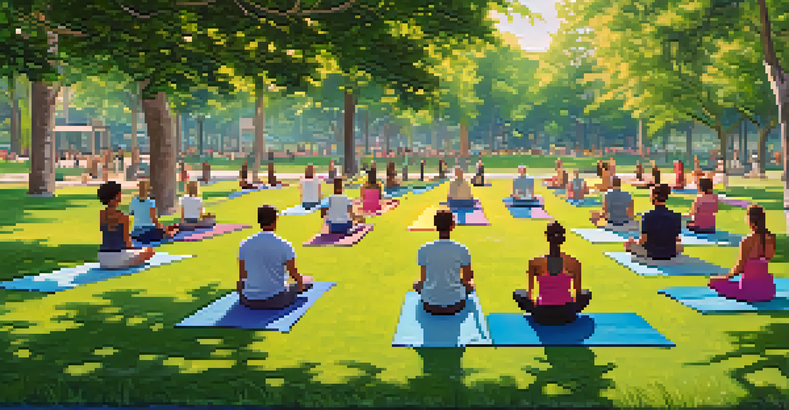 A peaceful outdoor yoga session in a park with participants on yoga mats surrounded by greenery.