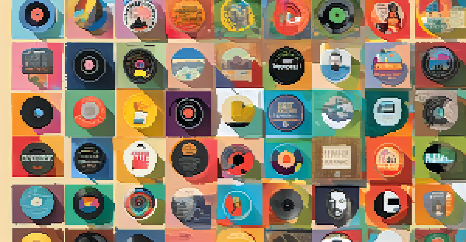 A colorful collage of podcast genre icons, including true crime, comedy, and personal development, arranged in a circular layout on a textured vinyl record background.